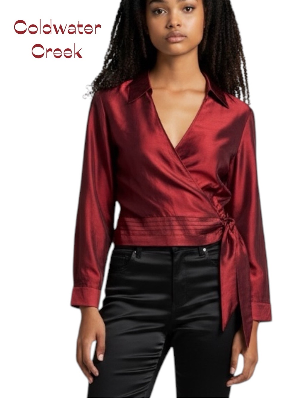 Coldwater Creek Metallic Brick Red Party Event Side Bow Tie Wrap Top NWOT Size M